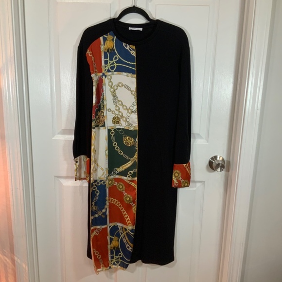 Zara Scarf Chain Satin Print Black Long Sleeve Midi Sheath Dress Size Small - Picture 9 of 10